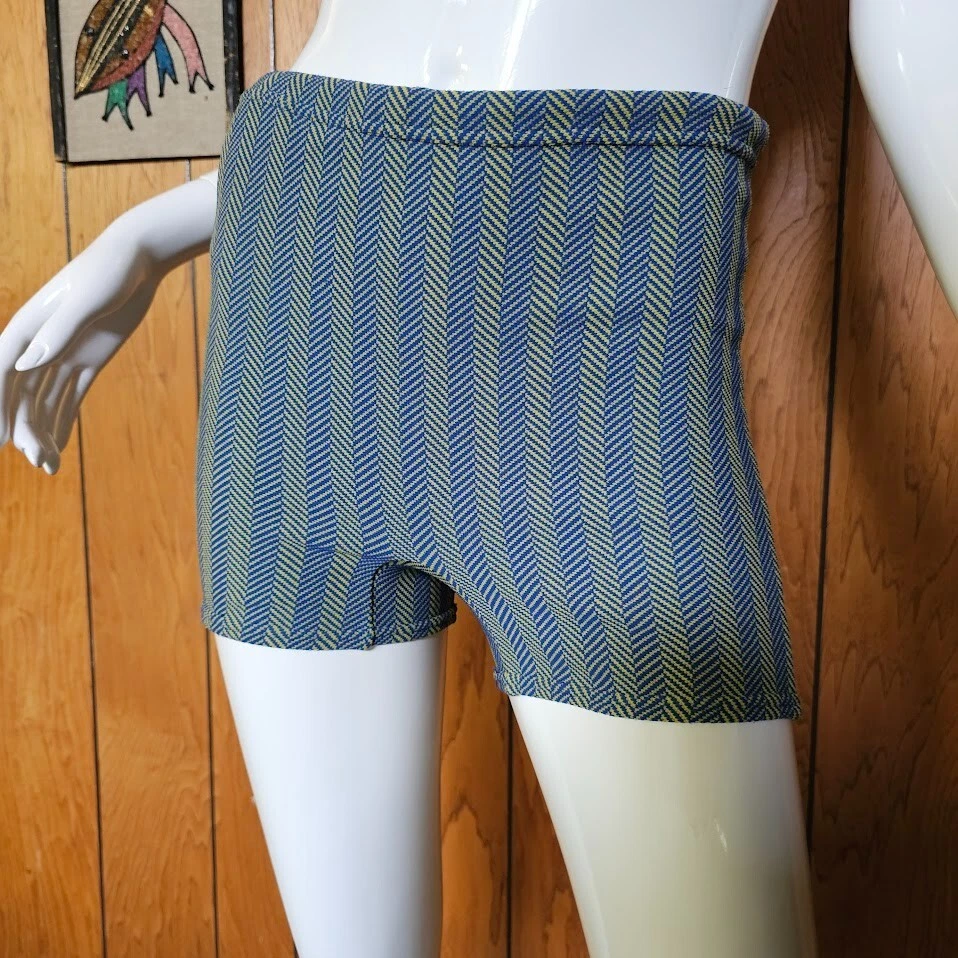 Vintage 60s Mod Mens Square Cut Swim Bathing Trunks Stripe Knit Shorts One Size - Image 2 of 4