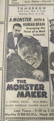 OCT 10, 1944 NEWSPAPER PG #2036- ''THE MONSTER MAKER''- MONSTER WITH A HUMAN BRAIN