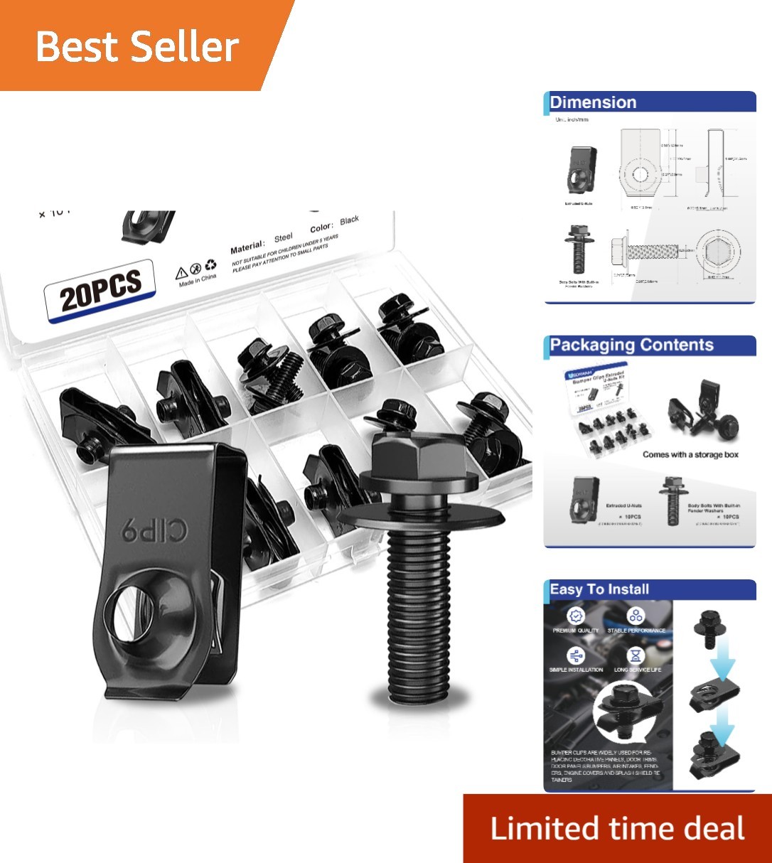 20 Pack M6-1.0 Body Bolts and Extruded U-Nuts, Black Steel Car Clips Fastener...