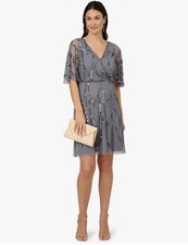 Adrianna Papell Women's Beaded Mesh Flutter-Sleeve Dress Sz 4 Dusty Blue