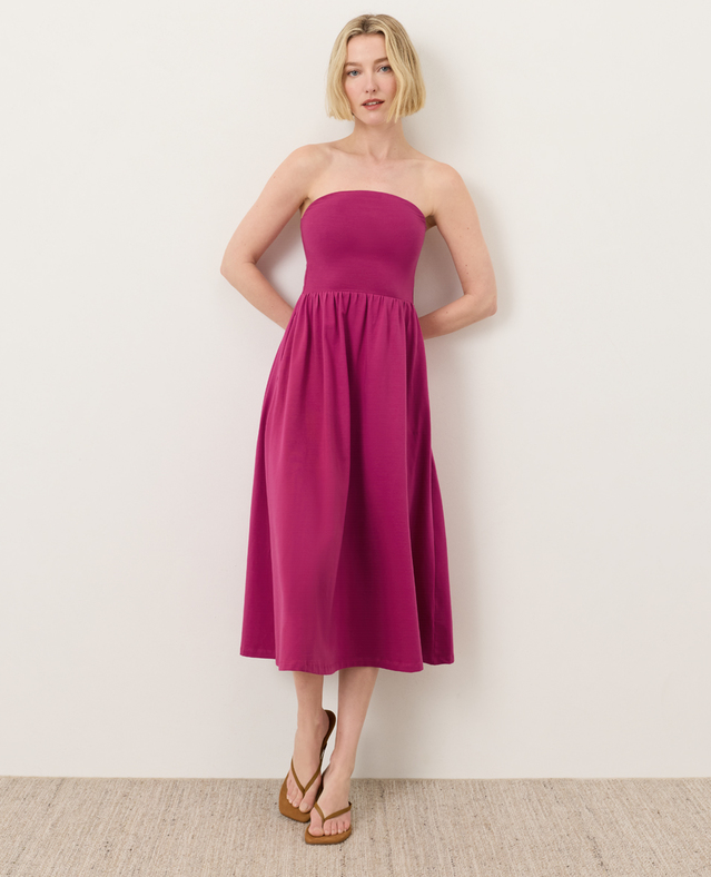 PACT Organic Fit & Flare Strapless Dress, Cactus Flower Pink (NEW)