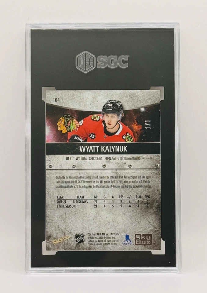 2021-22 Skybox Metal Universe Precious Metal Gem Gold 1/1 Wyatt Kalynuk RC SGC 9 - Image 3 of 4
