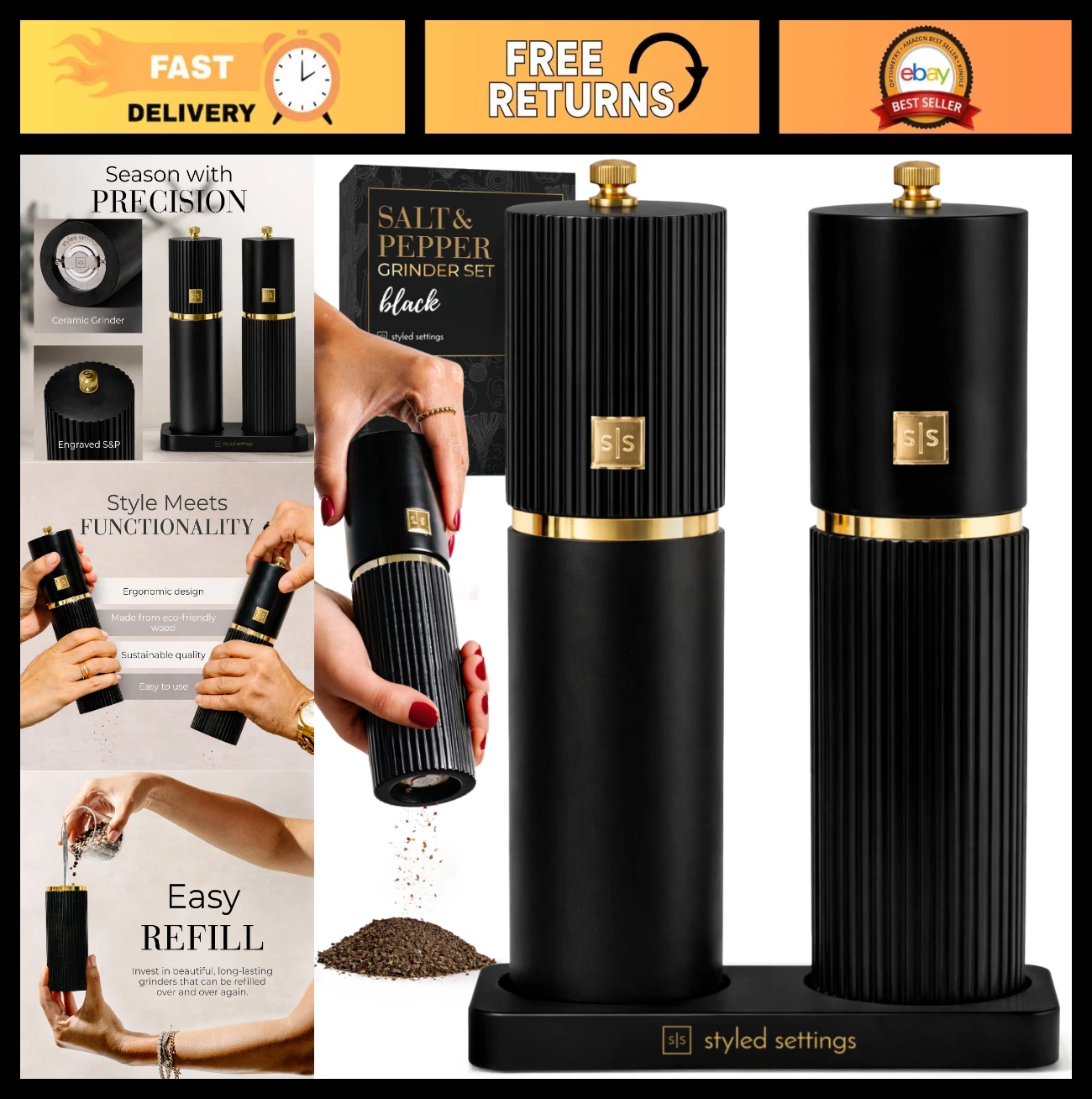 Refillable Wooden Salt & Pepper Grinder Set - Adjustable Ceramic Burrs, Gold Acc