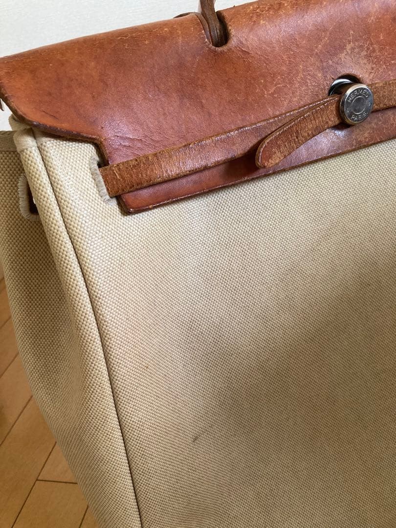 Auth Hermes Herbag Ad MM Toile H Canvas Natural Camel 2Way Handbag Good image 6