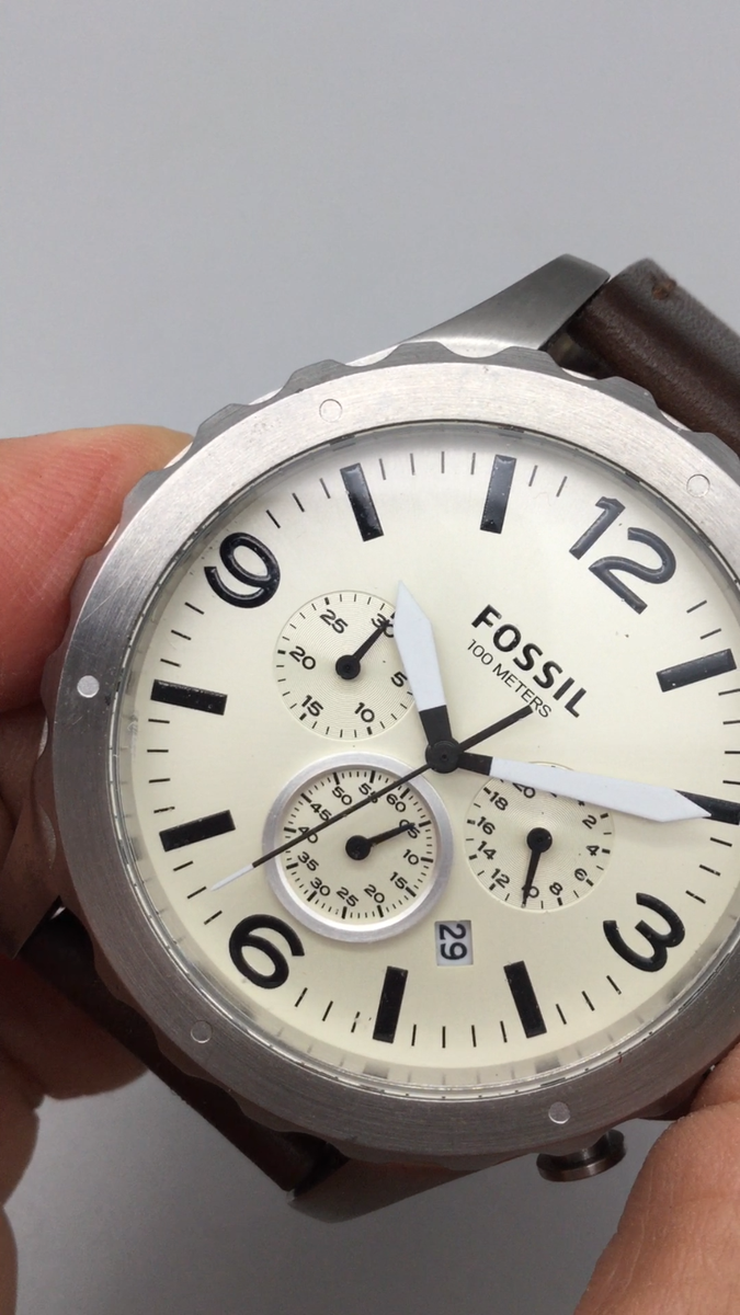 Fossil Nate Mens Watch 45mm Cream Dial Chronograph Leather JR1473