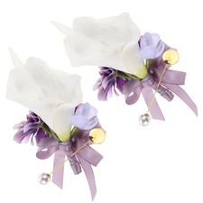 2 Pcs Calla Lily Corsage Purple Boutonniere for Men Brooch Lapel Pin