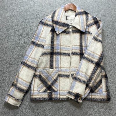 BAGATELLE COLLECTION Womens Large Ivory Blue Plaid Zip Front Shacket Coat Fall