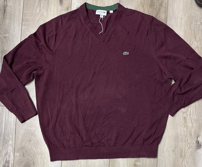 Lacoste Mens V-Neck Sweater Classic Fit Cotton Wine Red Size 8 3XL