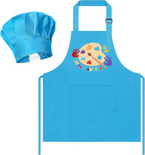 Kid Apron and Chef Hat Set 2Pcs Adjustable Children Blue Artist Kitchen Apron, D