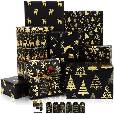 Geschenkpapier Weihnachten Schwarz Gold metallic Folienglanz 6 Bögen 50x70cm