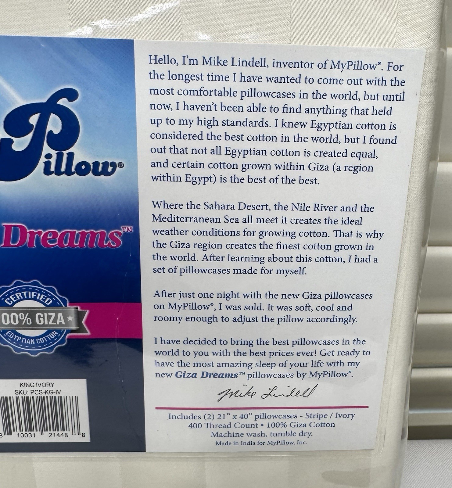 My Pillow Giza Dreams King Pillowcase 2 pc set  Ivory Stripe 21"× 40"