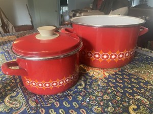 Vintage Riesswerke Elektro Enamel Pan SET of 3 MCM Heavy Duty Orange red