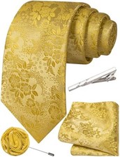 Mens Floral Ties Silk Woven Necktie and Pocket Square Tie Clip Lapel Pin Gold