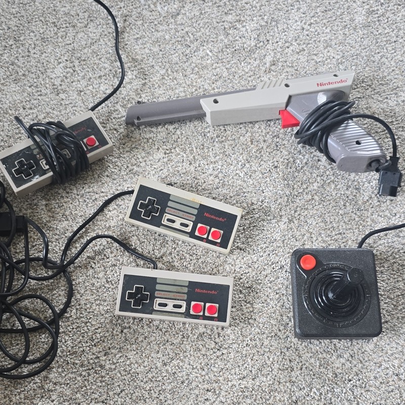 Nintendo NES Controllers Lot w/ Zapper Light Gun, Atari Joystick & AC Adapters
