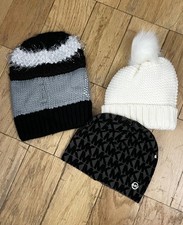 Lot of 3 Knitted Crochet Beanie Hats Assorted Color Gray Black White Pom Pom