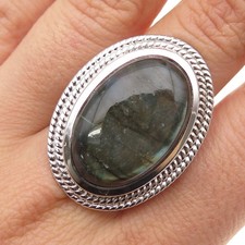 925 Sterling Silver Vintage Real Cabochon Labradorite Ring Size 10.25