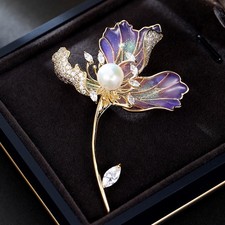 Enamel Lotus Pearl Brooch Women Coat Suit Floral Jewelry Accessory