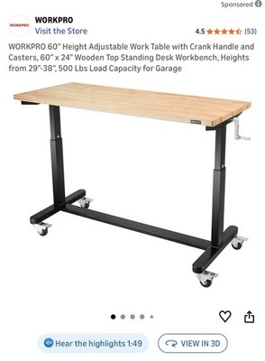 WORKPRO Adjustable Height Work Table 60''x24'' Crank Casters 500 lbs
