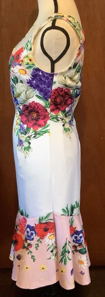 Vestido VENUS Blanco Floral Estrás Adornado Volantes Borde Sin Mangas Elástico M Foto 4 de 4