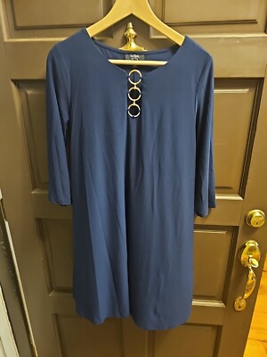MSK Petite 3/4 Sleeve Navy Blue Shift Dress With Gold Ring Accents, Size PL 