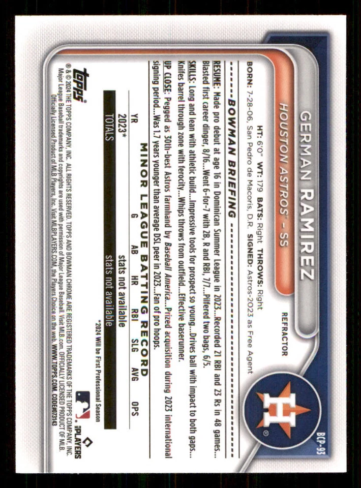 2024 Bowman Chrome Prospects Refractors #BCP93 German Ramirez /499 - Image 2 of 2