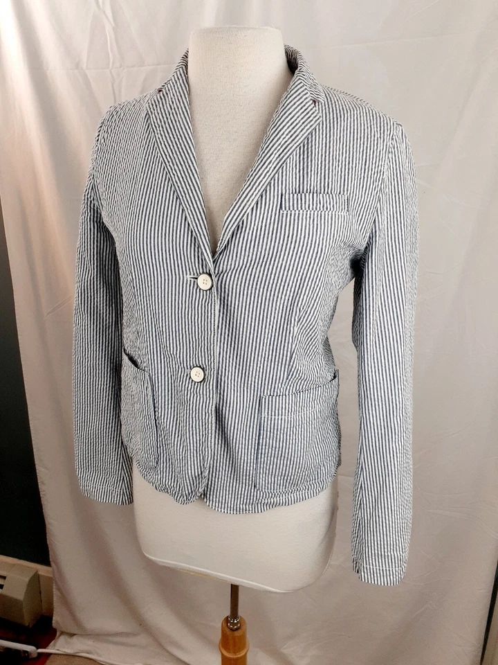 Chaqueta Blazer Gap Para Mujer 6 Azul Blanco Seersucker Rayas Academia Bolsillos Informal Foto 2 de 4