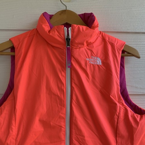 The North Face Reversible Puff Vest Pink Orange Girls Sz L 14/16 Logo Pockets - Picture 8 of 12