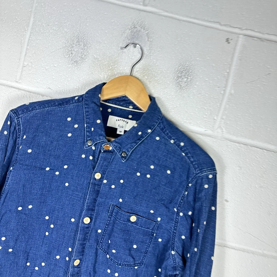 Fat Face Folk Shirt Mens Medium Blue Polka Dot Chambray Pattern Cotton Oi Polloi - Image 3 of 4
