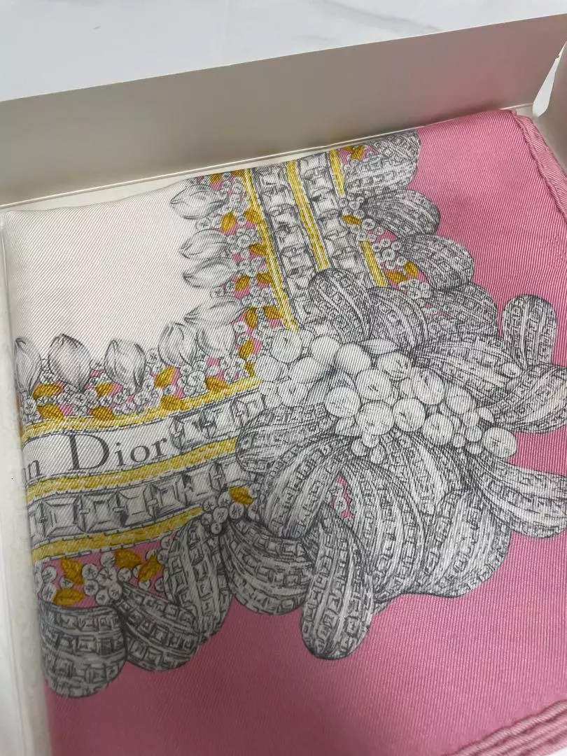 Authentique foulard Christian Dior rose blanc or logo marque soie du Japon