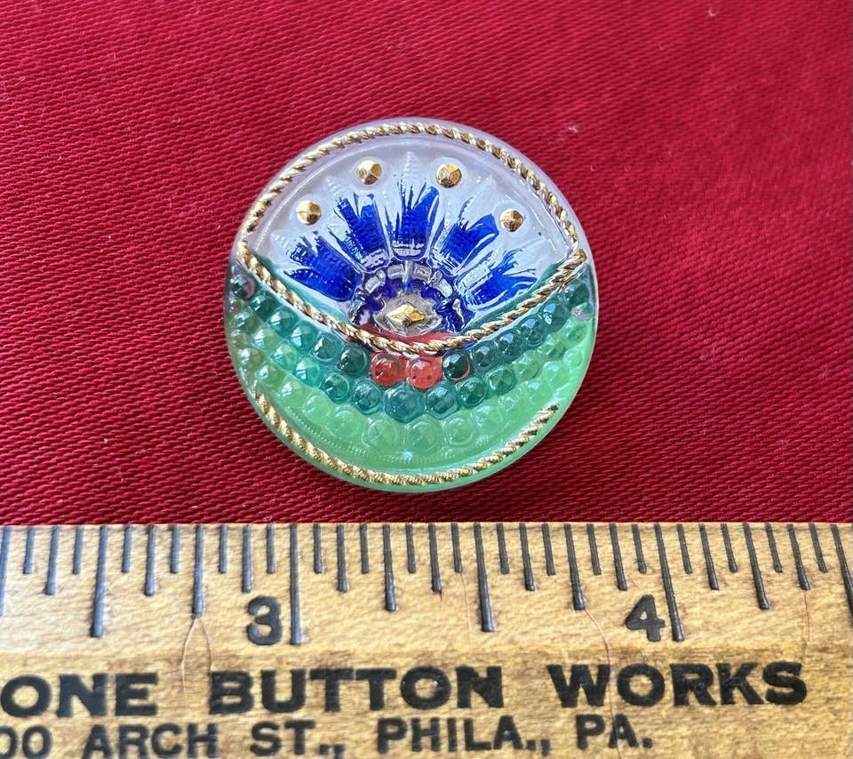 Painted Back Czech Glass Button. Gold Luster on Surface. Brightly Colored Design - Image 2 of 4