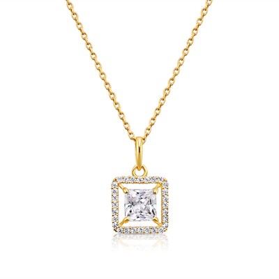 14K Real Solid Yellow Gold Princess-Cut Square Halo CZ Pendant Necklace 18 in