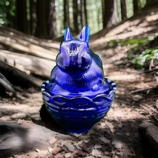 Mosser Glass USA Bunny On Basket / Nest Cobalt Blue Easter Spring Trinket Box
