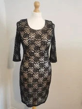True Decadence Dress UK 12 Black Premium Lace Nude Lining Midi Formal BNWT Date