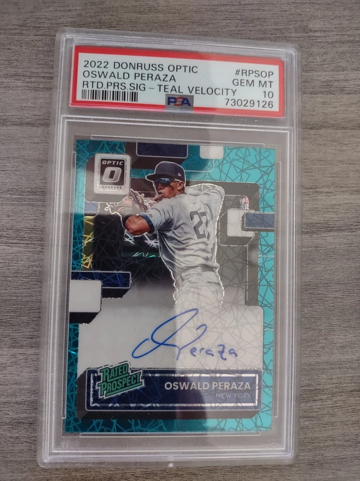 2022 Panini Donruss Optic Oswald Peraza TEAL VELOCITY HOLO PSA 10 AUTO 16/25 - Image 3 of 4
