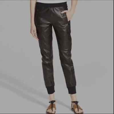 VINCE Black Genuine Leather Crepe Mixed Media Jogger Pants Size