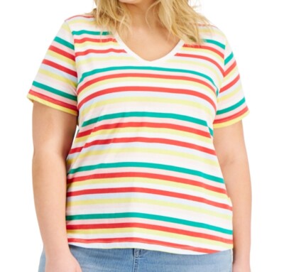 Style & Co Womens Size 1X T-Shirt Happy Stripes Multi Color 100% Cotton V-Neck