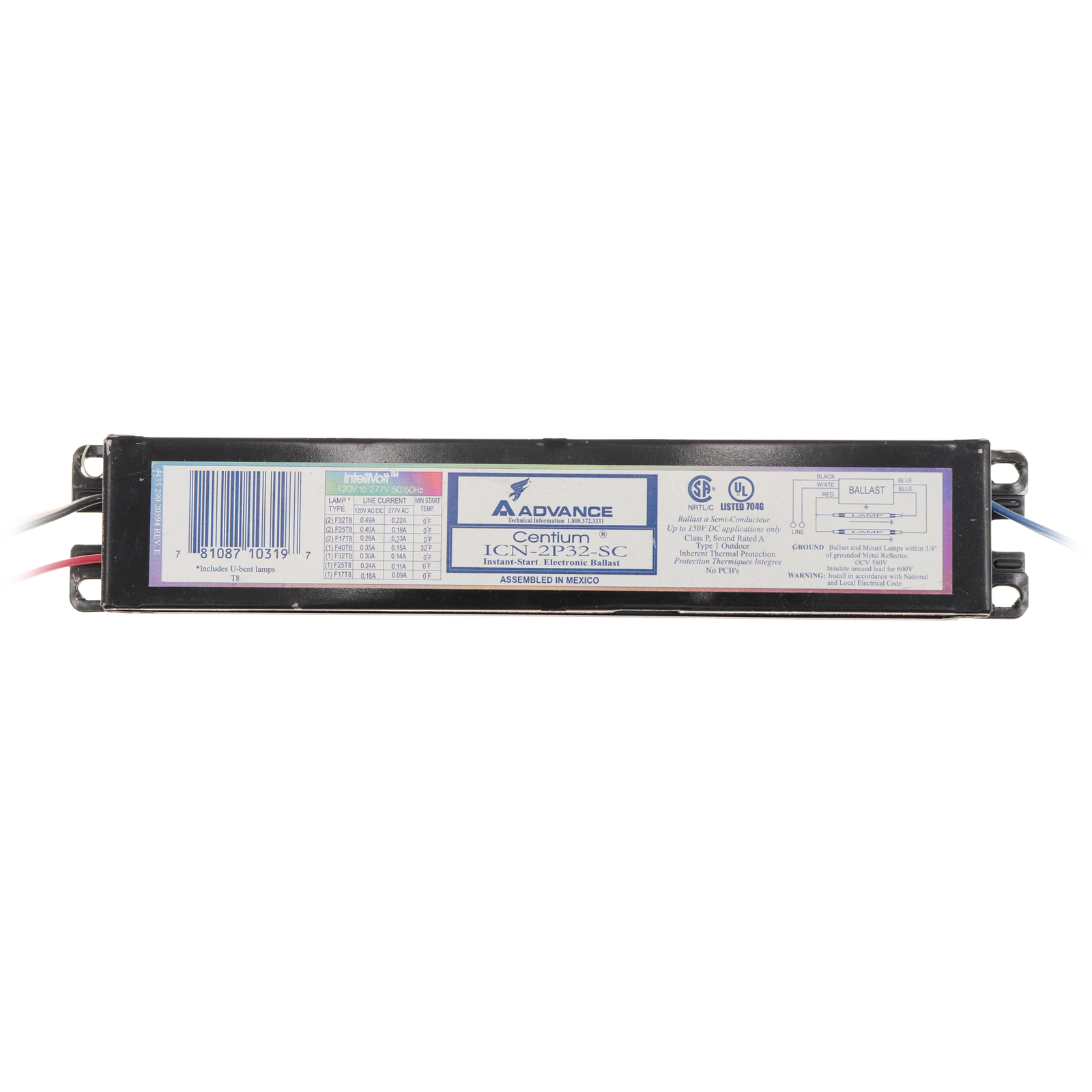 ADVANCE ICN2P32SC FLUORESCENT BALLAST, 2LAMP, F32T8, 32W T8, 120