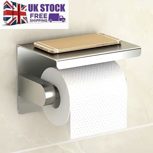 Bathroom Toilet Paper Roll Holder Wall-Mounted With Mobile Phone Storage Shelf - Picture 2 of 12