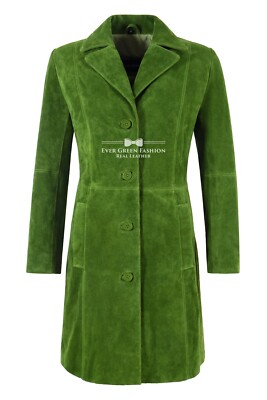 Damen limettengrüner Wildleder knielanger Designermantel eleganter Trench Ledermantel