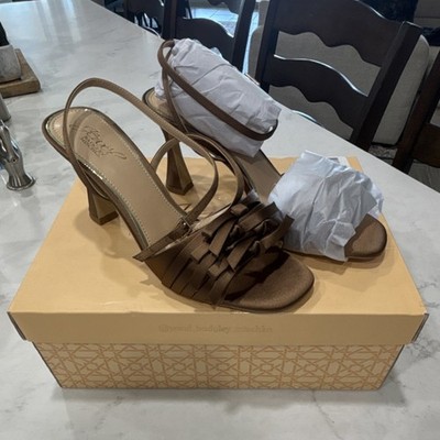 Jewel Badgley Mischka Brown Strappy Block Heel Satin Sandals Bow Women's 7.5