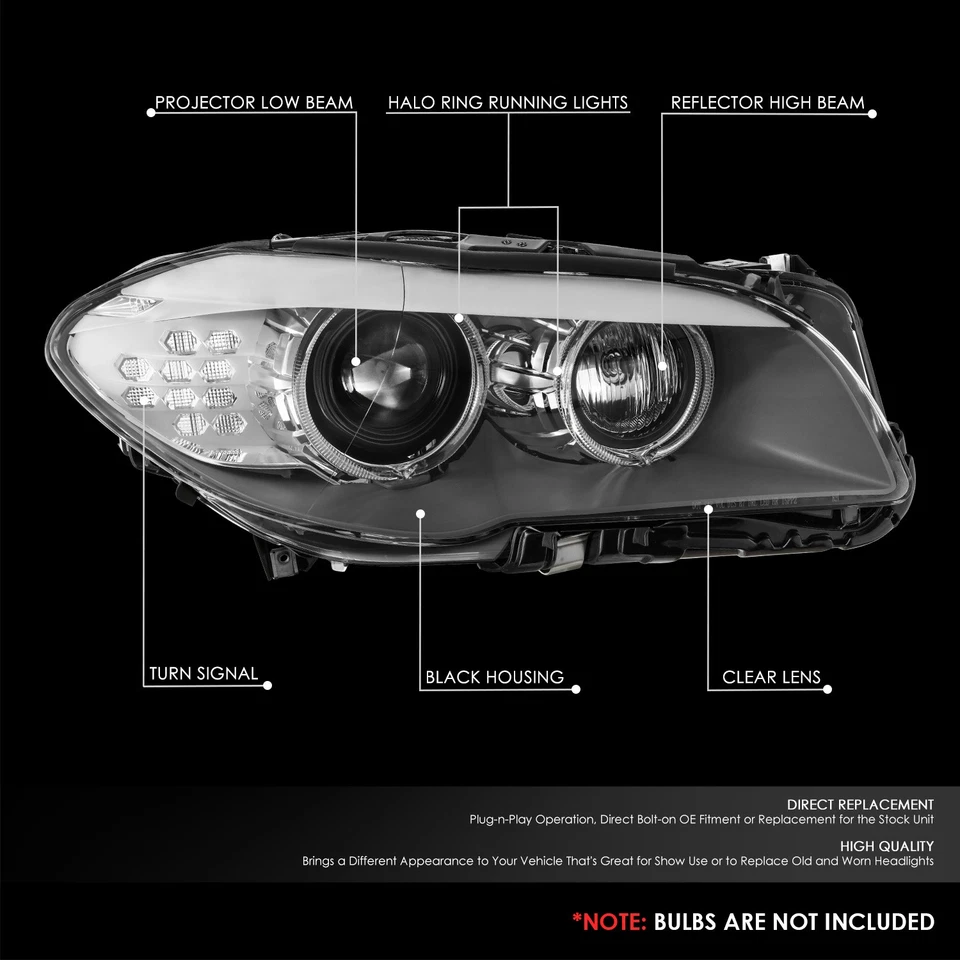 Faro proyector pasajero derecho para BMW 528i 535i 550i 2011-2013 negro/ámbar Foto 2 de 4