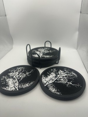 Set of 5 Black Reversible Drink Coasters Fireworks Tree Design + Metal Holder