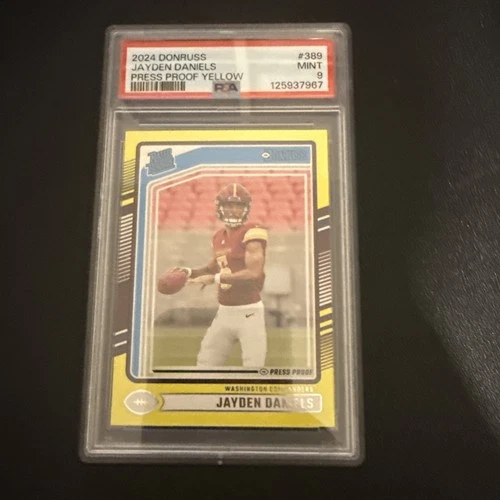 JAYDEN DANIELS 2024 DONRUSS RATED ROOKIE PRESS PROOF YELLOW RC PSA 9