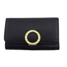 BVLGARI Key Case Black Leather Gold-tone Hardware Key Holder Unisex Accessories