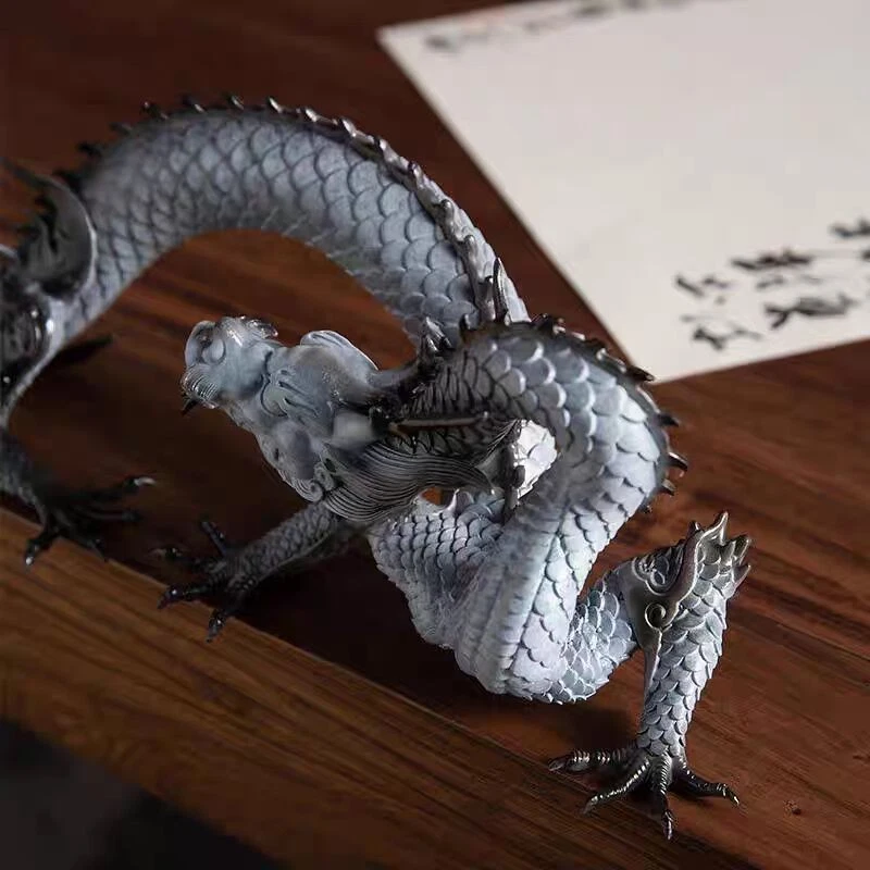 Estátua de dragão de bronze branco 15,4" coleção artesanato decoração de arte home office - Imagem 2 de 4