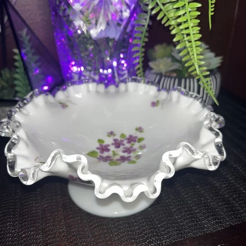 Fenton Milk Glass Violets in the Snow Silver Crest Vintage Bonbon Dish