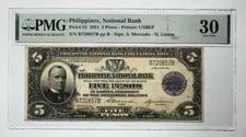 1921 5 Peso Philippines  National Bank PMG 30