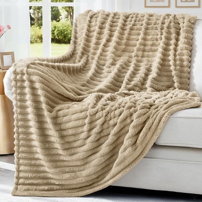 60x80 Inch Light Brown Twin Soft Fleece Blanket Fluffy Plush Flannel Striped