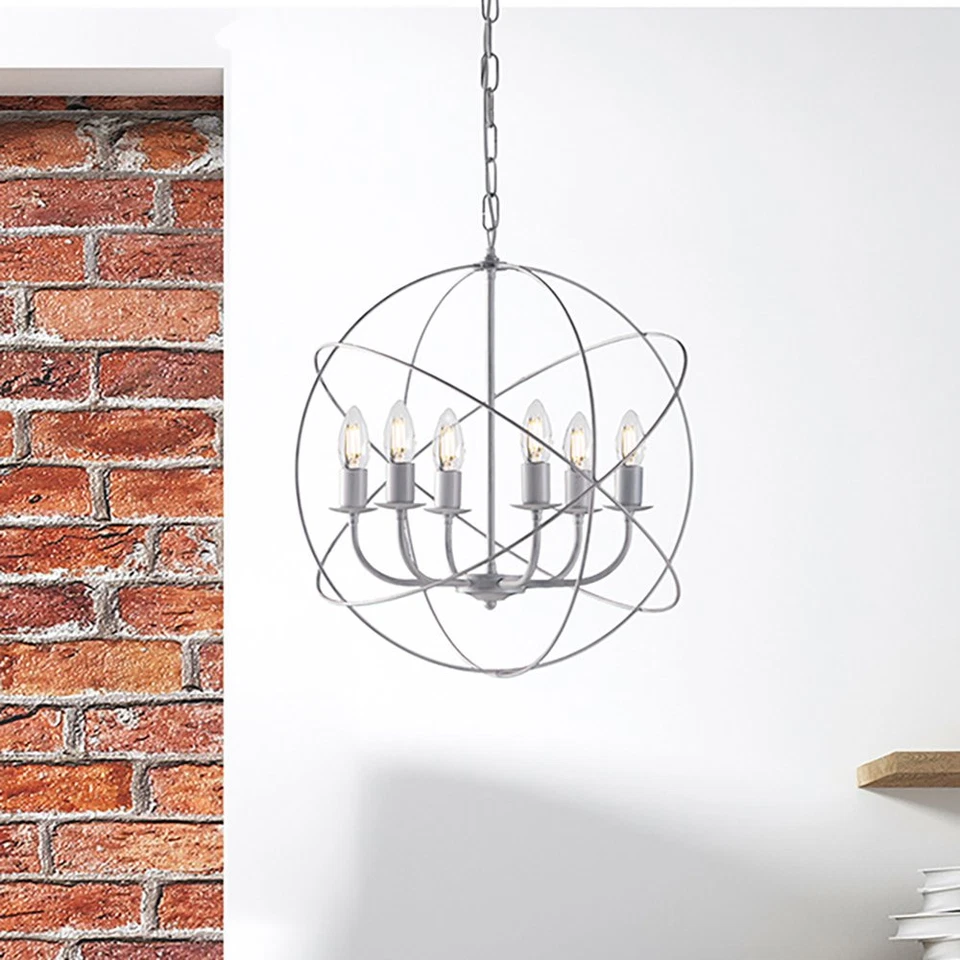 Lampadario A Sospensione 6 Luci Sfera Ferro Bianco E Argento Serie Williams - Immagine 2 di 2