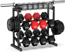 Adjustable 3-Tier Dumbbell Rack with Barbell & Weight Plate Storage for Home Gym